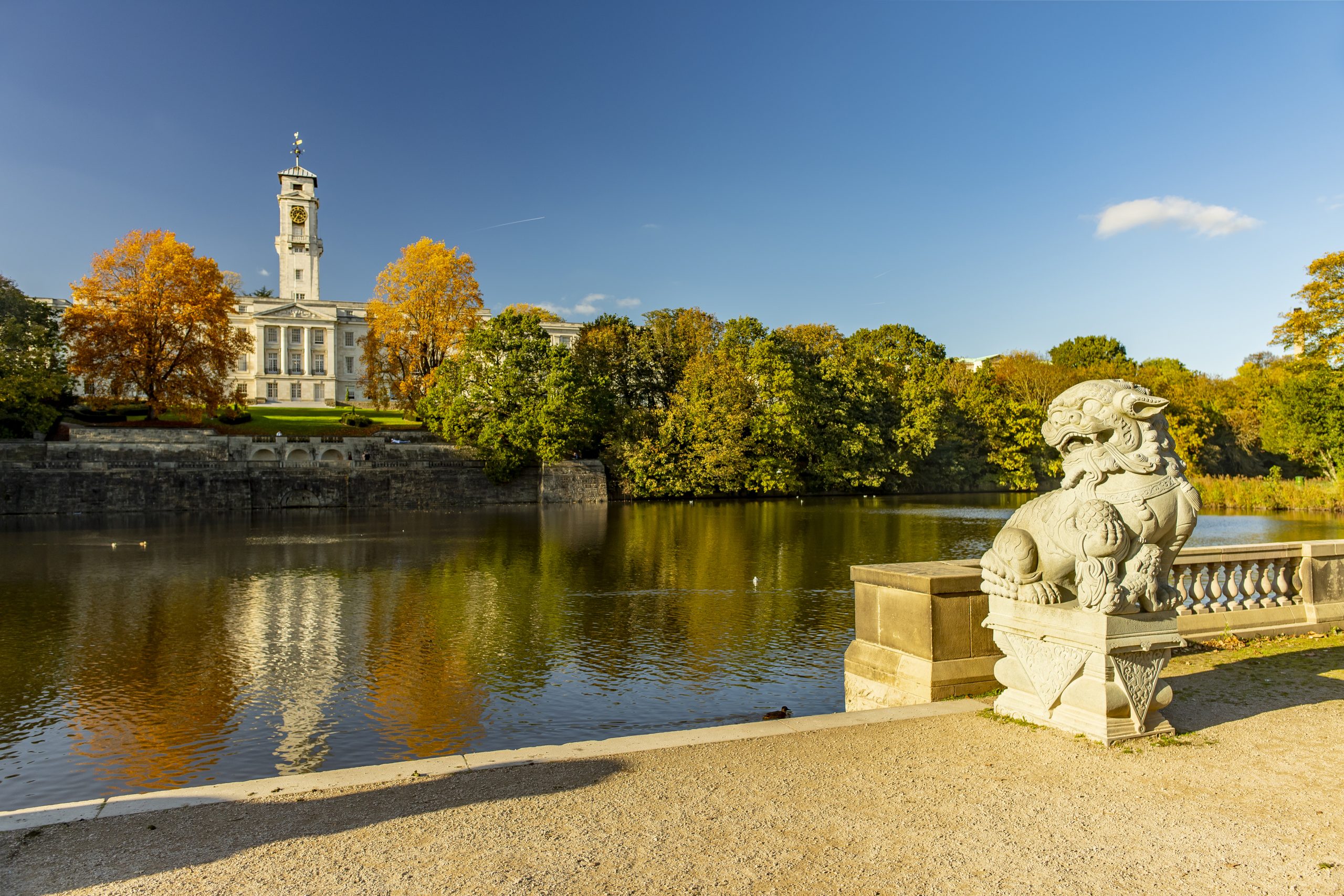 A vast lake with stone lion ornament