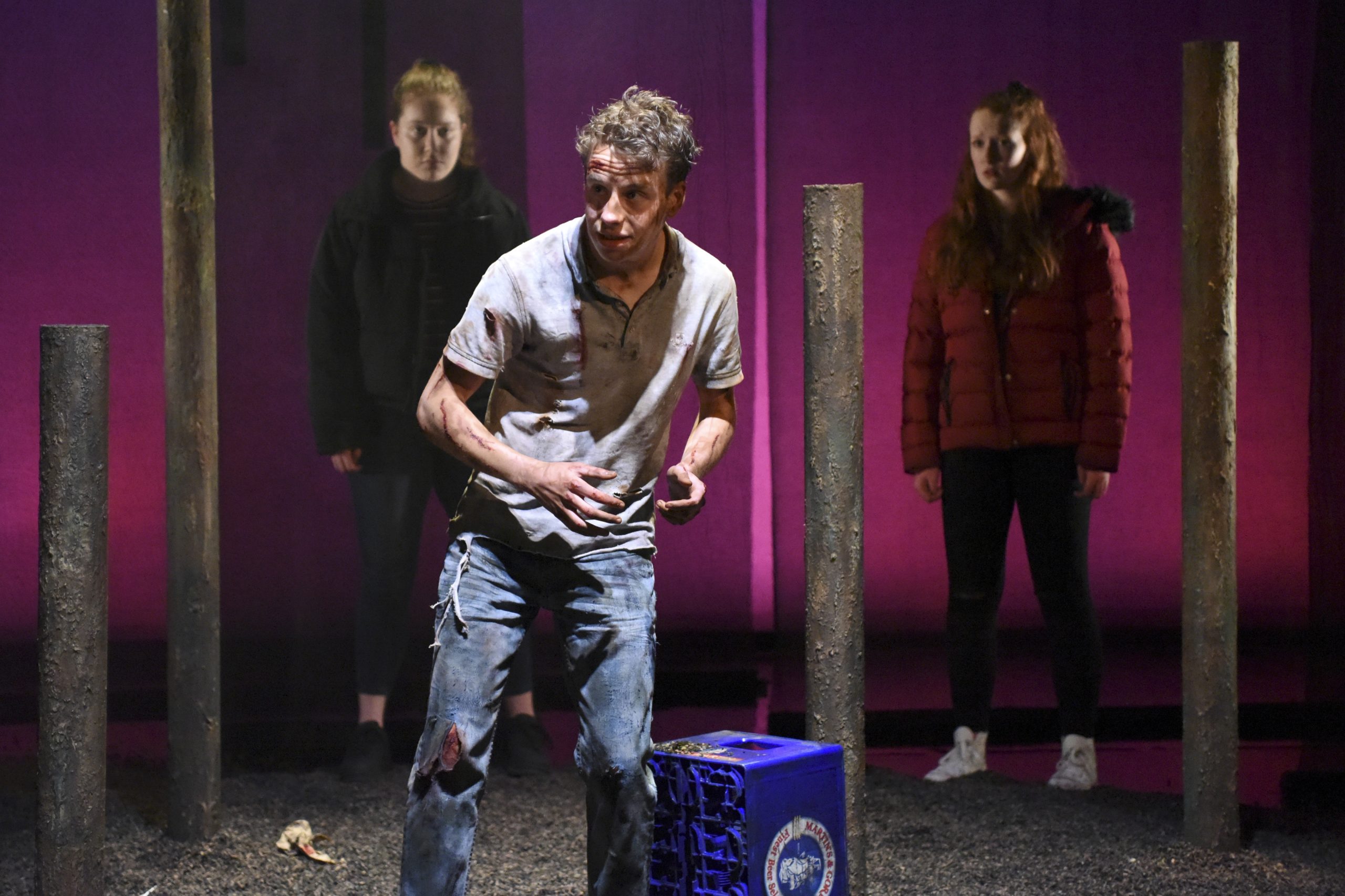 an actor monologues looking tired and beaten down