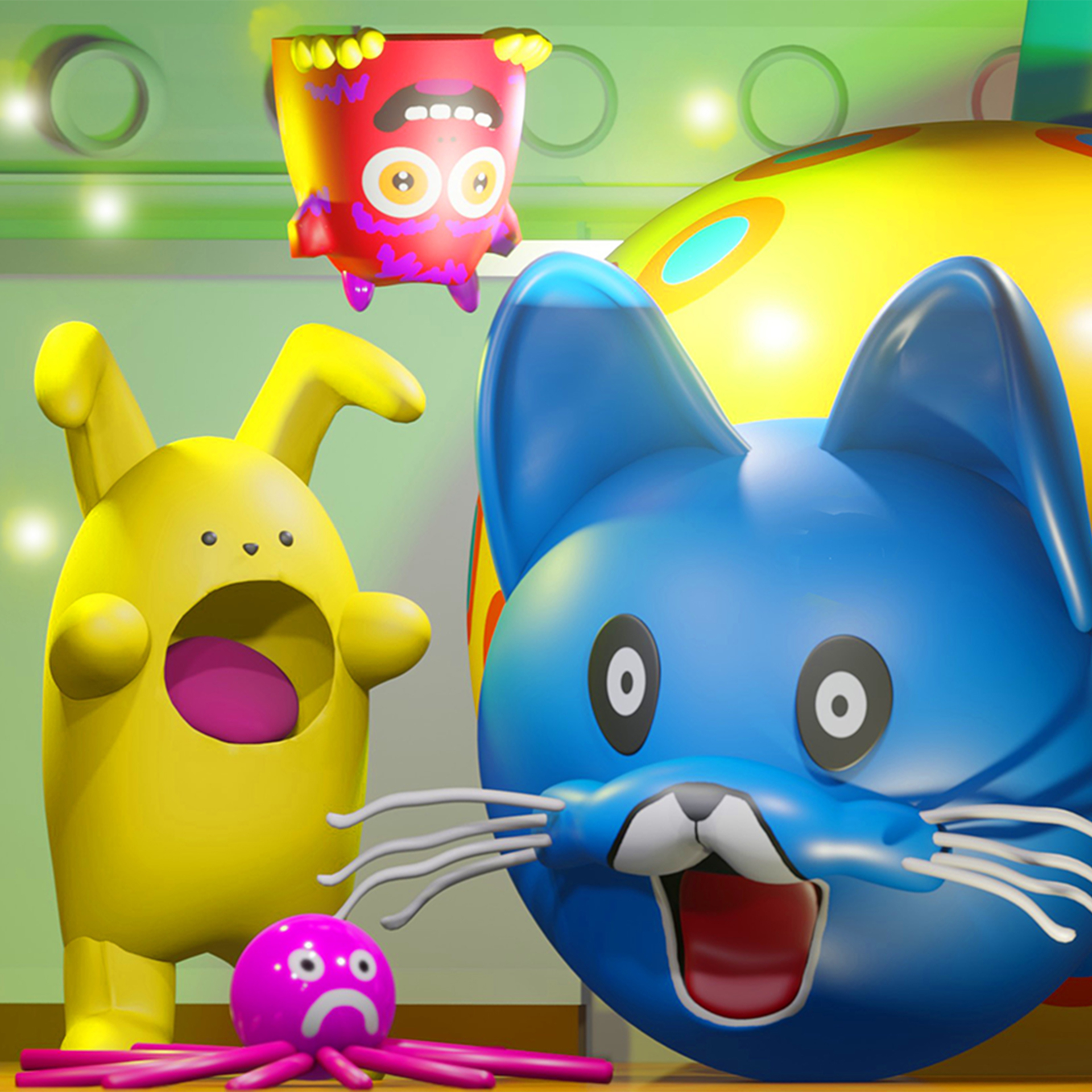 Brightly coloured inflatable animals including a yellow bunny and a blue cat