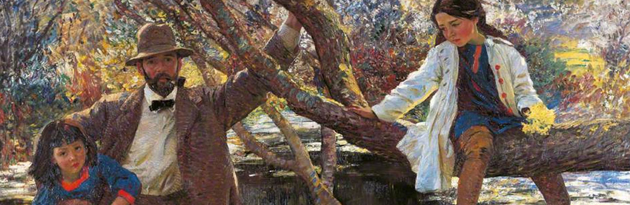 A closeup of a painting where a man stands holding his daughter whilst his other daughter climbs a tree