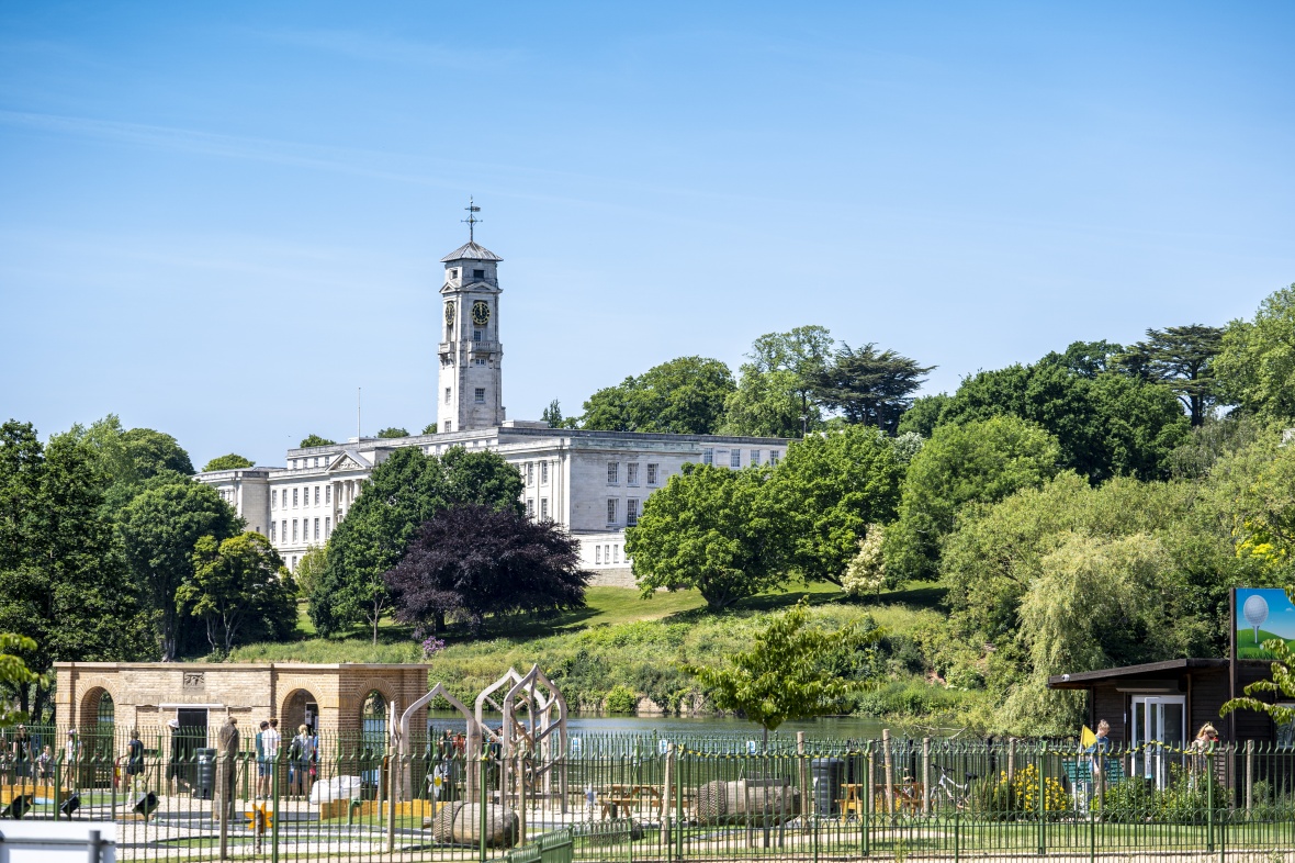 Crazy golf course sits in front of the grand Trent Building.